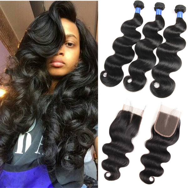 Brazilian Body Wave Human Hair Weaves Extensions 3 Bundles with Closure Free Middle 3 Part Double Weft Bundles with Human Hair Lace Closure