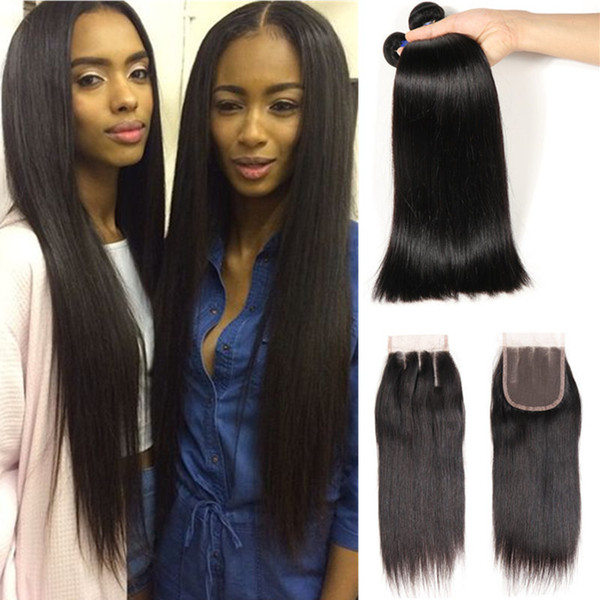 Hot Selling Straight Peruvian Hair 3 Bundles with Closure Unprocessed Human Hair Bundle Lace Closure Free Middle Three Part Lace Closure