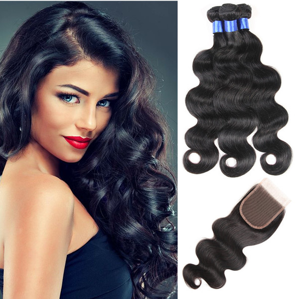 Malaysian Human Hair Bundle Lace Closure 3 Bundles Body Wave Hair Weaves and Lace Closure Malaysian Hair Bundles Nautral Color Wet and Wavy