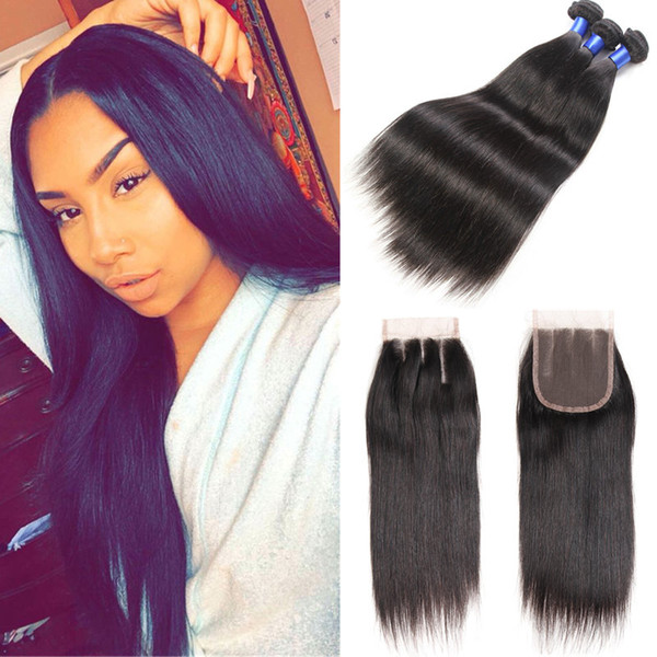 Brazilian Virgin Hair Straight 3 Bundles with Closure Brazilian Hair Bundles Deals Silky Straight Human Hair Lace Closure and Bundels