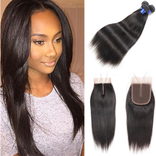 Brazilian Virgin Hair Straight 3 Bundles Brazilian Hair Bundles with Lace Closure Silky Straight Human Hair Bundles with Closure Unprocessed