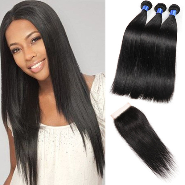 8A Grade Peruvian Virgin Hair Silk Straight 3 Bundles Human Hair Bundles with Closure Peruvain Hair Top Lace Closure Weave Straight Weft