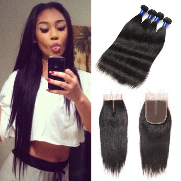 Malaysian Virgin Hair 3 Bundles with Closure Silk Straight Human Hair Lace Closure and Bundles Unprocessed Malaysian Hair Bundles