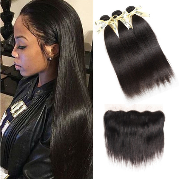 Pre Plucked Lace Closure Frontal Peruvian Straight Hair Bundles Peruvian Hair Closure Hair Bundle with Lace Frontal Closure Natural Hairline