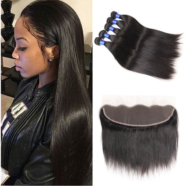 7a Brazilian Virgin Hair Weaves Closure and Bundles Straight 3 Bundle Pre Plucked Lace Closure Frontal Hair Bundle with Lace Frontal Closure
