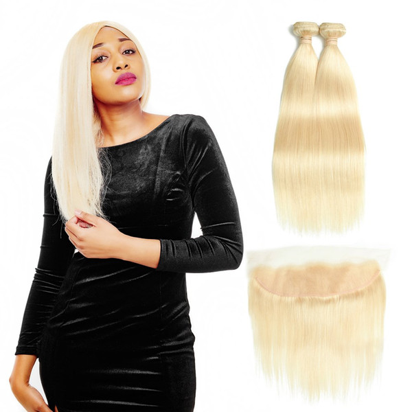 Malaysian Straight Hair Bundles With Lace Frontal Closure 613 Blonde Human Hair Frontal with Baby Hair 3 Bundles With Closure Remy Extension