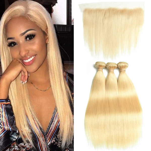 Brazilian Straight Hair Bundles With Lace Frontal Closure 613 Blonde Human Hair Frontal with Baby Hair 3 Bundles With Closure Remy Extension