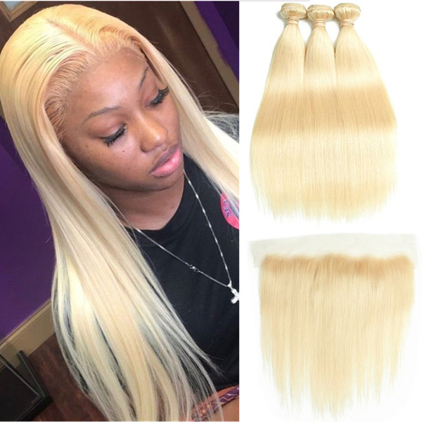 Pre Plucked Frontal with Baby Hair 613 Blonde Brazilian Virgin Hair 3 Bundles with Closures Ear to Ear Lace Frontal Closure Natural Hairline