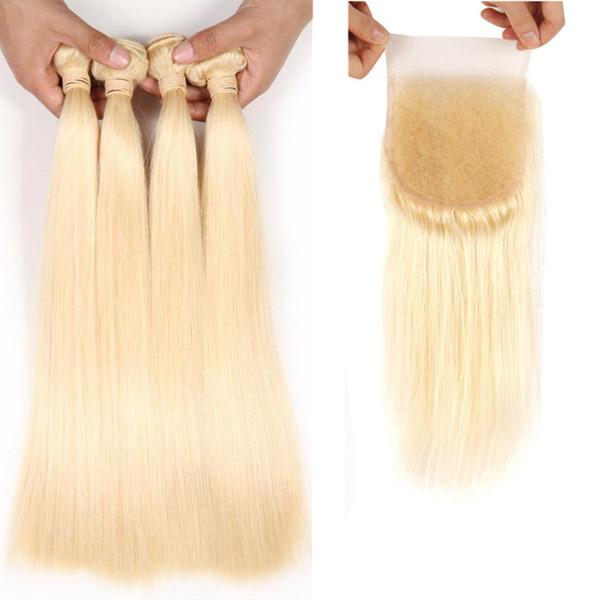 Peruvian Hair 4 Bundles with Closure #613 Blond Silk Straight Hair Closure Peruvian Virgin Human Hair Bundle with Lace Closure Free Part