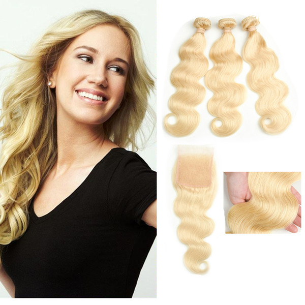 8A Mink Brazilian Virgin Hair #613 Blonde Human Hair Bundle Lace Closure Bleach Blonde Body Wave 3 Bundles With 4*4 Lace Closure Weaves