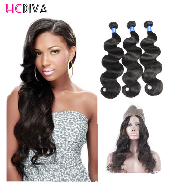 7A Grade Virgin Brazilian Human Hair Bundles Body Wave 360 Lace Frontal with 3 Bundles 100% Unprocessed Virgin Human Hair Extensions