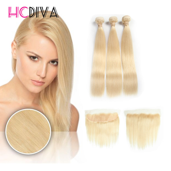 HCDIV Mink Brazilian Virgin Human Hair Silk Straight Hair Lace Frontal Closure 3Bundles With 13x4 Ear to Ear Lace Frontal Closure Weft