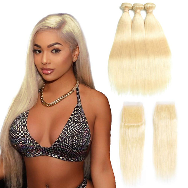 #613 Bundles With Lace Frontal Honey Blonde Color Brazilian Straight Remy Hair Weave 3 Bundles with 13*4 Frontal 4x4 Lace Closure