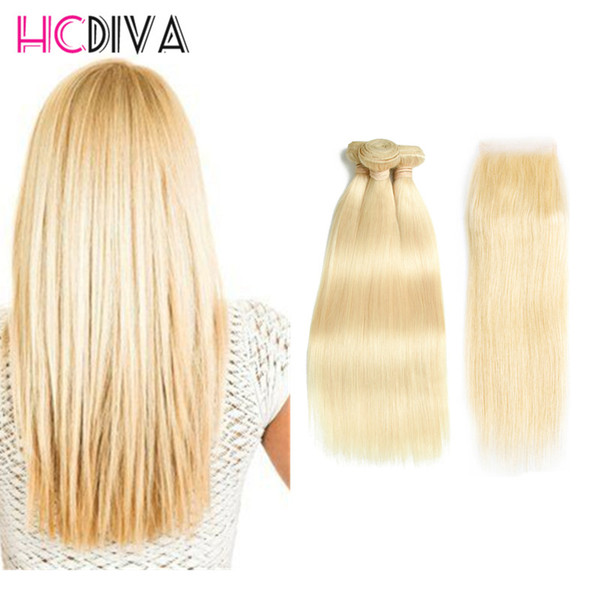 Hot Selling #613 Blond Human Hair Bundle Lace Closure Brazilian Virgin Straight Hair 3 Bundles Hair Bundles With Closure Wet And Weave Thick