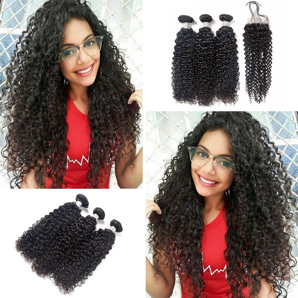 4 Bundles Afro Kinky Curly Hair With Closure Brazilian Human Hair Weave Non Remy Hair Extensions