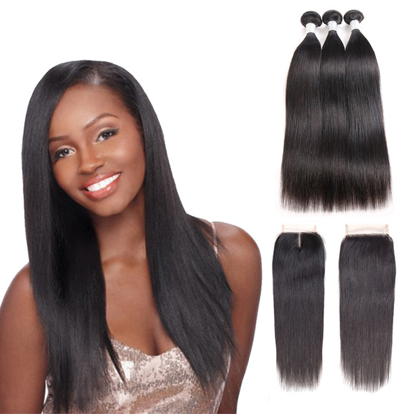 Brazilian Human Hair 3/4 Bundles With Closure Peruvian Malaysian Brazilian Virgin Straight Hair Weave Bundles With Lace Closure