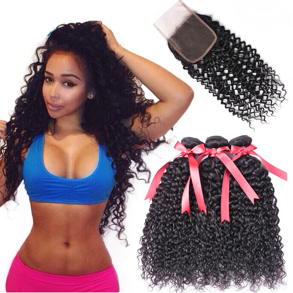 Brazilian Hair Weave 100% Human Hair Kinky Curly 3 Bundles With Closure Non Remy Hair Extensions Natural Color