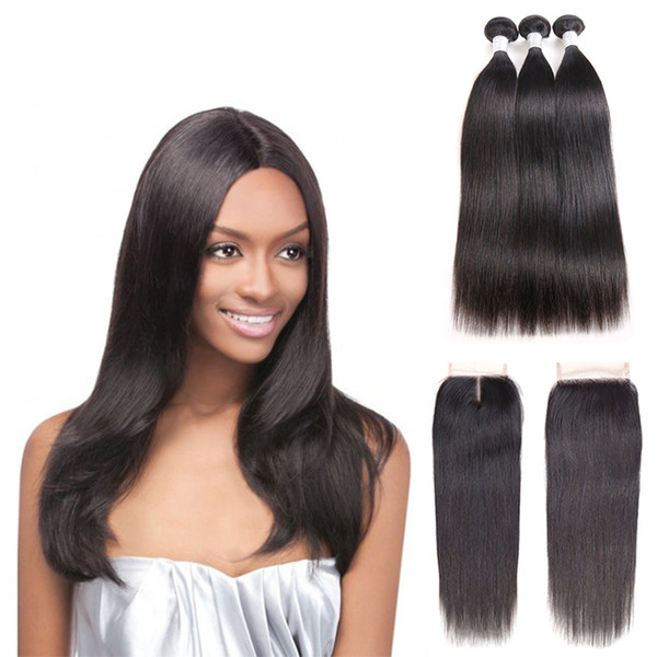 Brazilian Straight Human Hair Weaves Extensions 4 Bundles with Closure Free Middle 3 Part Double Weft Dyeable Bleachable 100g pc