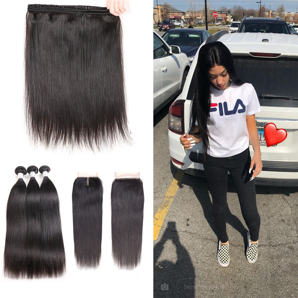 Brazilian soft silky straight 3 Bundles Human Hair with Swiss Lace Closure Virgin Human Hair Natural Color