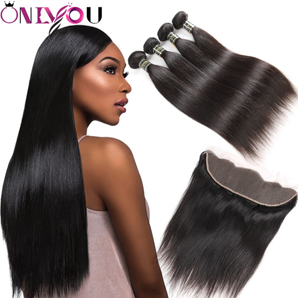 Onlyou Hair Vendors Brazilian Straight Body Wave 4 Bundles with Frontal Ear to Ear Unprocessed Virgin Hair Extensions Human Hair Bundles