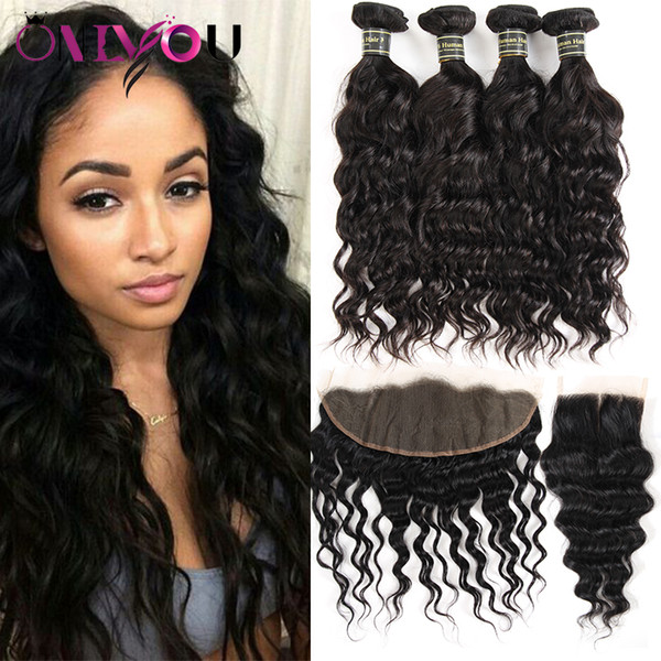 Big Promotion Mink Brazilian Water Wave Closure with Bundles Remy Human Hair Weave Bundles 4 with Lace Frontal Natural Wave Weaves Closure