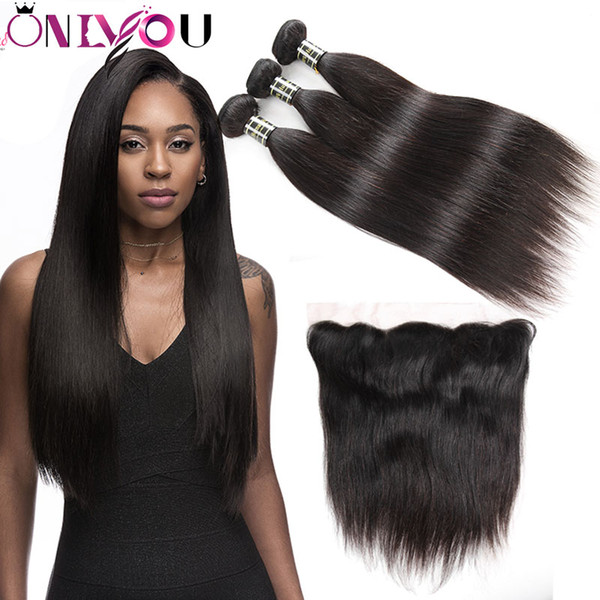 Onlyou Unprocessed Hair Extensions Straight Human Hair Bundles with 13*4 Lace Frontal Closure 10A Cheap Brazilian Virgin Hair Weaves Bundles