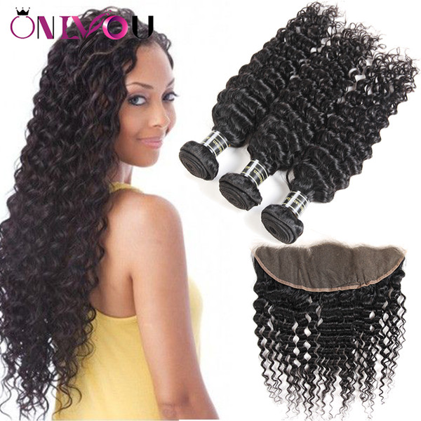 9a Grade Peruvian Curly Virgin Hair Bundle Deals Deep Wave Bundles with Closure 13x4 Lace Frontal Bundles Cheap Remy Tape Hair Extensions