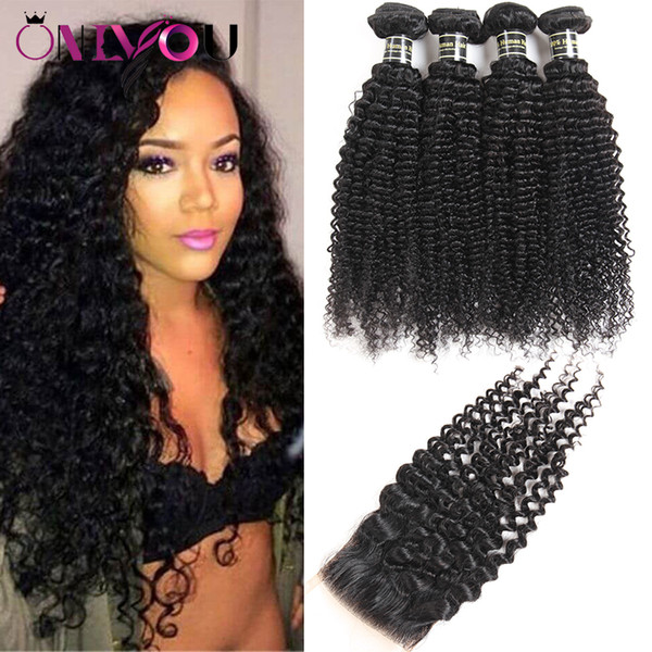 Unprocessed Brazilian Virgin Human Hair Bundles with Closure Middle&Free Part Weaves Closure and 4 Bundles Kinky Curly Hair Wefts Hot Sale