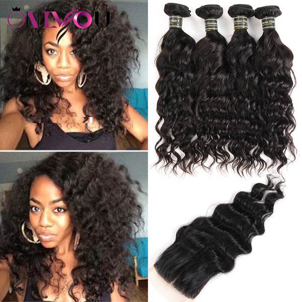 Brazilian Virgin Hair Water Wave Human Hair Bundles with Closure Natural Wave Bundles with Top Lace Closure Cheap Hair Weave For Black Women