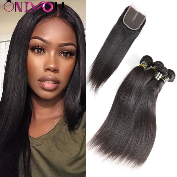 Onlyou 2 Colors Straight Human Hair 3 Bundles With Lace Closure Brazilian Virgin Hair Weave Bundles With Closure 100% Remy Hair Extensions