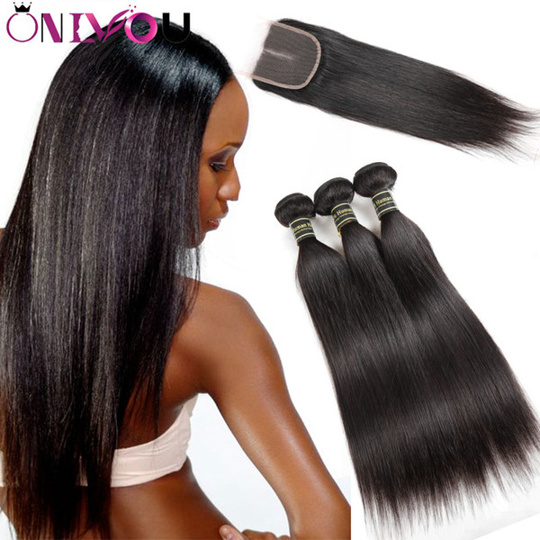 Soft Straight Human Hair Bundles with Closure Unprocessed Brazilian Virgin Hair Extensions 10A Nature Black Color Straight Weaves Closure