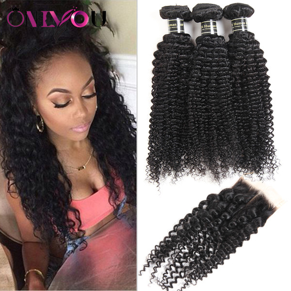 Unprocessed Peruvian Kinky Curly Virgin Hair Bundles with Lace Closure Curly Human Hair Extensions Peruvian Hair Double Wefts Weaves Closure