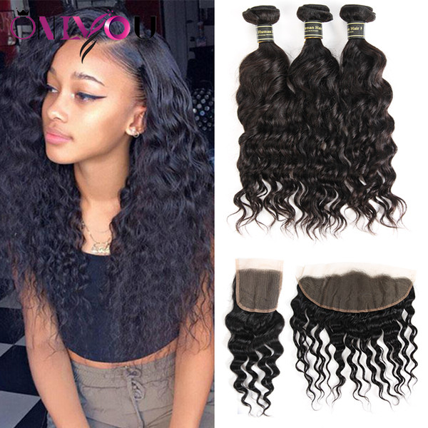 Malaysian Brazilian Peruvian Indian Water Wave Virgin Human Hair Weave 3 bundles with Closure Natural Wave Hair Wefts with Lace Frontal Deal