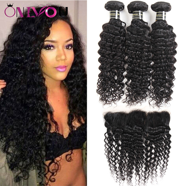 Brazilian Deep Curly Hair Bundles with Lace Frontal Closure 3 Bundles Deep Wave Human Hair Weave Styles and Weaves Closure Human Hair Deals