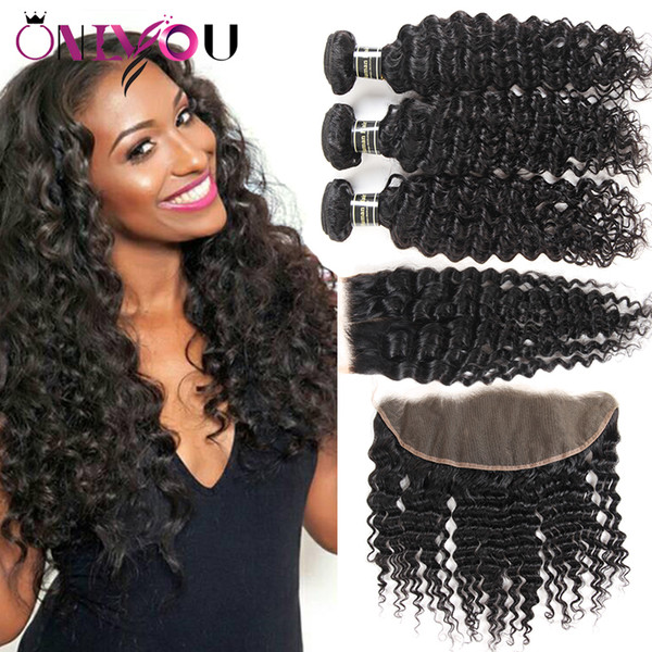 Mink Brazilian Deep Wave Virgin Human Hair Weave Bundles with Closure 3 Bundles Deep Curly Deals with Lace Frontal Bundles Hair Extensions