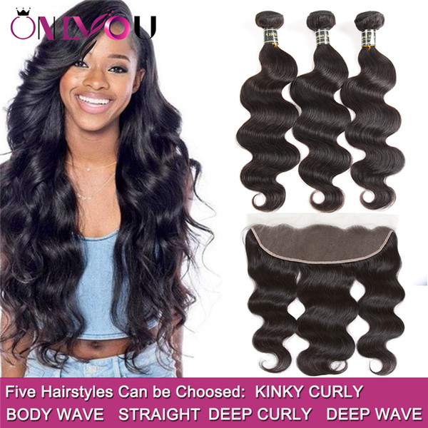 Peruvian Virgin Hair Bundles with Closure Deep Body Wave Human Hair Weave 3 Bundles and 13x4 Lace Frontal Closure Water Wave Kinky Curly