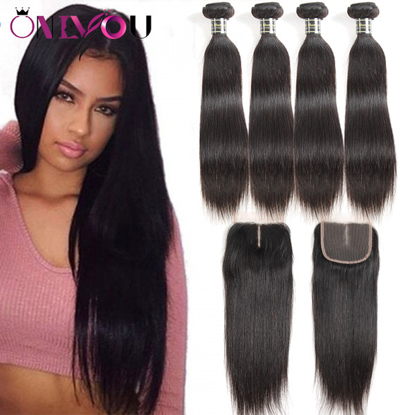 Brazilian Peruvian Malaysian Indian Straight Virgin Human Hair Weaves With Closure Unprocessed Brazilian Remy Hair Bundles And Lace Closures
