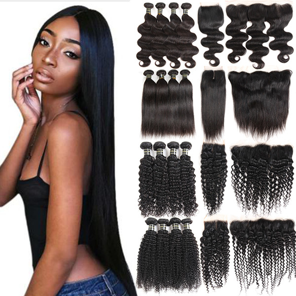 Cheap Brazilian Virgin Human Hair Bundles with Closure Lace Frontal 4 pcs Deep Body Water Wave Straight Kinky Curly Straight Hair Extenisons