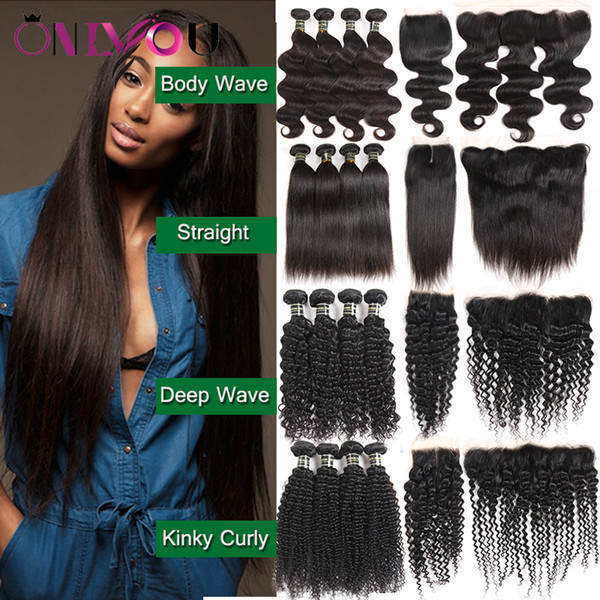 9a Grade Peruvian Human Hair Weave Bundles with Closure 4 pcs Body Wave Hair Weaves Closure Lace Frontal Bundles Kinky Curly Tape Extensions