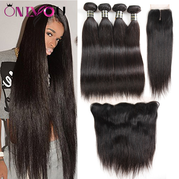 Silk Straight Unprocessed Brazilian Virgin Human Hair Extensions 4 Hair Bundles with Lace Frontal Closure and Top Lace Closure Body Weaves