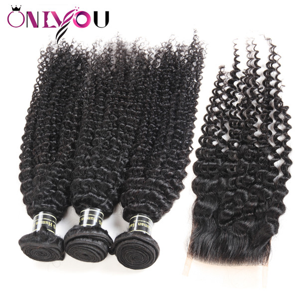 Brazilian Kinky Curly Human Hair Extensions 3/4 Bundles Kinky Curly Weaves Lace Closure 9a Unprocessed Brazilian Hair Bundles with Closure