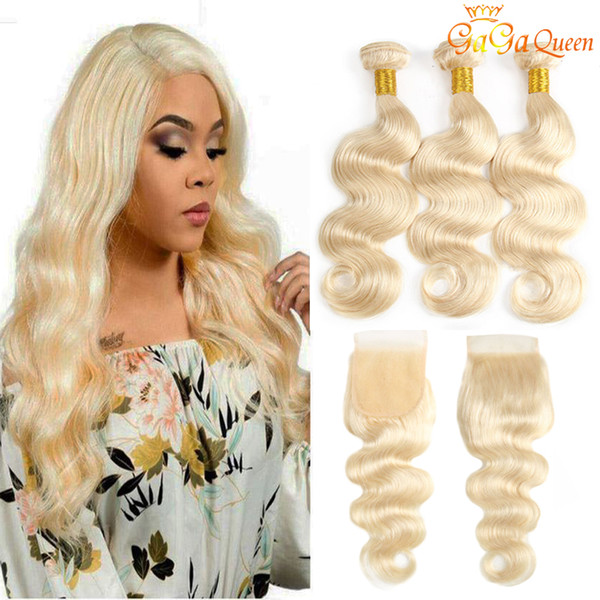 613 Blonde Virgin Hair Body Wave With Closure 3 Bundles 613 Human Hair Body Wave With 4x4 Lace Closure