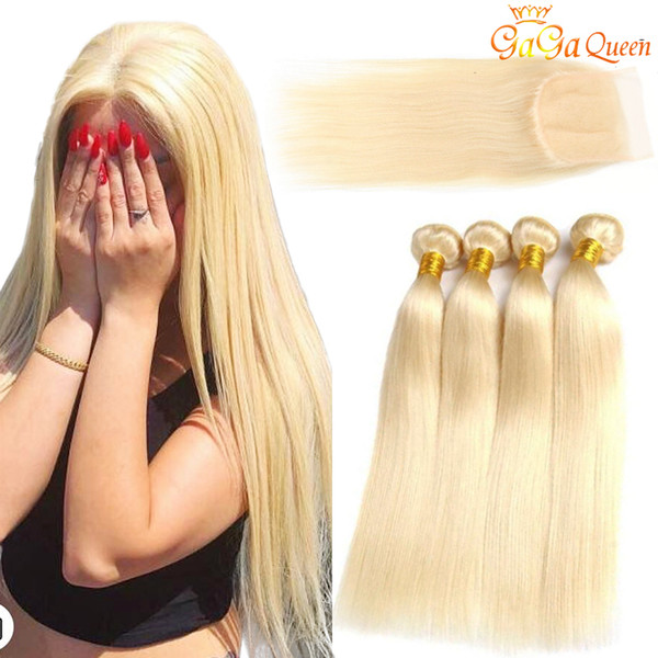 Brazilian Virgin Hair 613 Blonde 3 Bundles with Closure Top Lace Closure With Silk Straight Hair Bundles