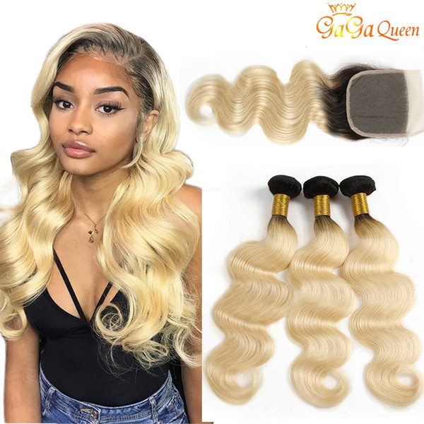 Ombre Color 1B 613 Body Wave 3 Bundles With 4x4 Lace Closure Dark Roots Honey Blonde Virgin Human Hair