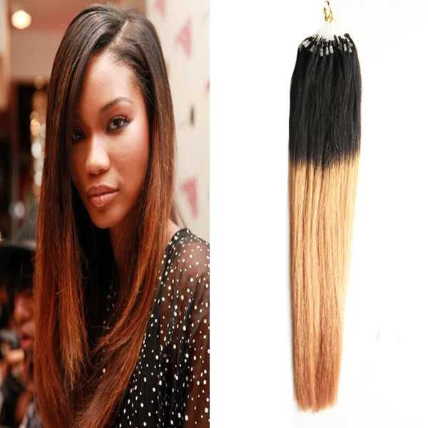 100pcs/pack Brazilian Ombre Remy Micro Ring Loop Hoop Real Natural Hair Extension Beads Tip Color #1B/27 Straight Micro Link Hair Extensions