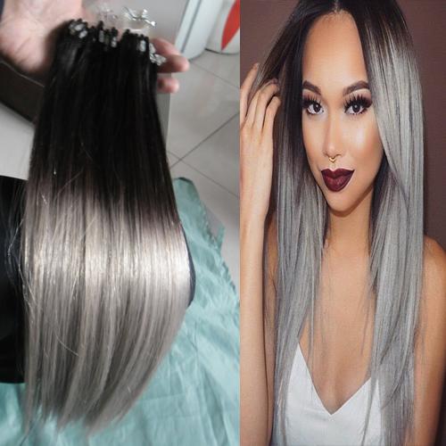 Ombre T1B/Grey Straight Silver Ombre Micro Loop Human Hair Extensions 100% Human Micro Bead Links Machine Made Remy Hair Extension