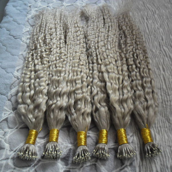 Silvery kinky curly Remy Hair Extensions Pre Bonded Nano Loop Ring Hair 300g 7a 100% Remy Hair 300pcs Nano Rings Beads