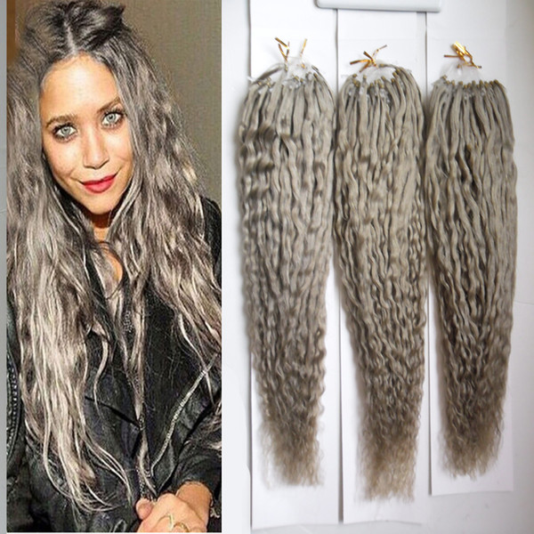 Kinky Curly Hair Micro Bbead Extensions grey Micro Link Hair Extensions Human 300g silver Virgin Loop Extensions Hair Extension With Rings