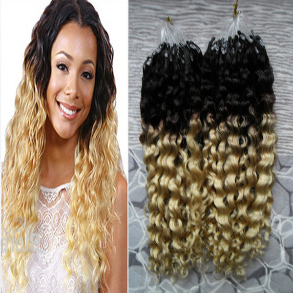 Loop Micro Ring Machine Made Remy Hair Extension T1B/613 Blond Kinky Curly 100% Human Hair Ombre Micro Links 10