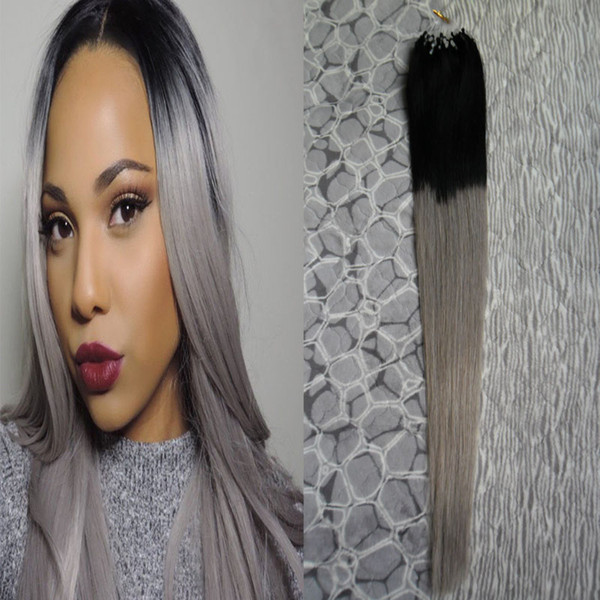 New Apply Micro Link Hair Extensions Human 1B Gray Ombre Micro Loop Human Hair Extensions 100g 100s Silver Ombre Micro Human Hair Extensions